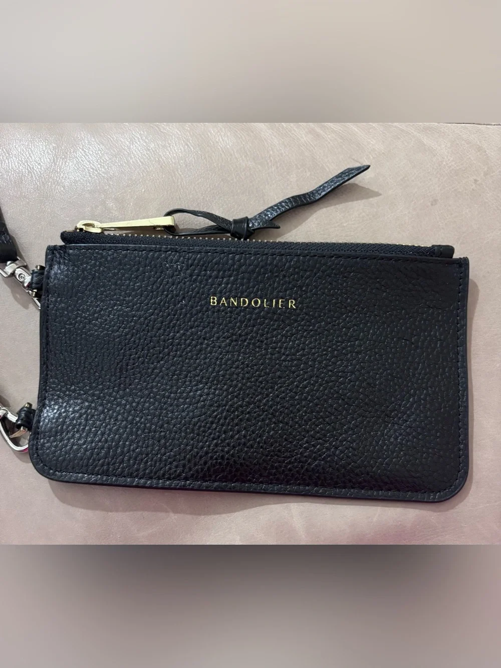 Bandolier Expanded Zip Pouch Black Pebbled Leather Crossbody Wallet with Strap